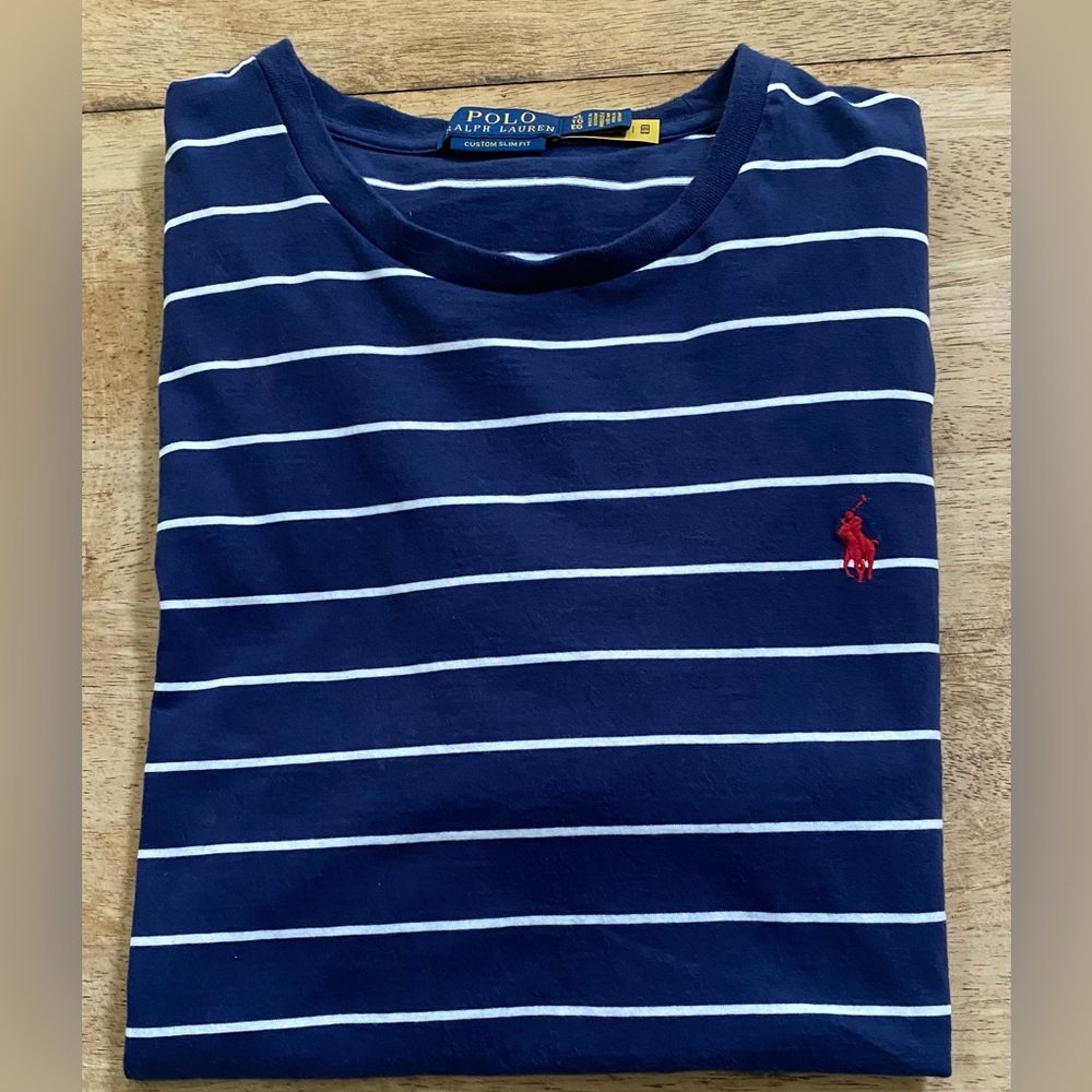 Polo Ralph Lauren‎ Custom Slim Fit Men’s Sz XL Navy/White Pinstripe Cotton Tee